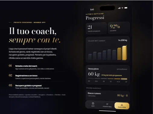 Anteprima originale del prototipo fitness: telefono nero e oro, schermata Progressi